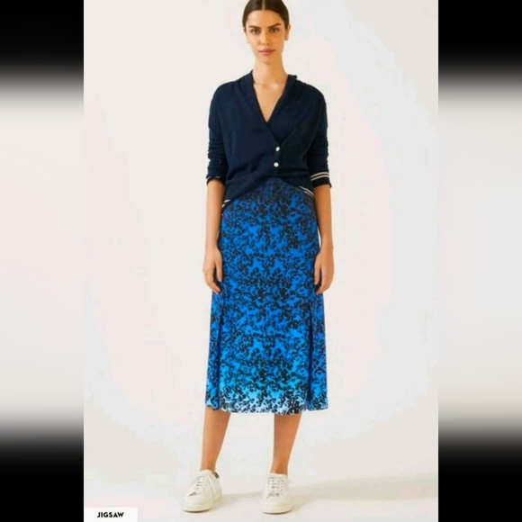 Jigsaw Blue And Black Floral Ombre Skirt Side Slits Midi Lined Size 2 - Picture 4 of 10